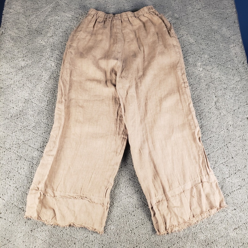 Match Point Pants Womens Small Khaki Wide Leg Linen Pull On Lagenlook LP177